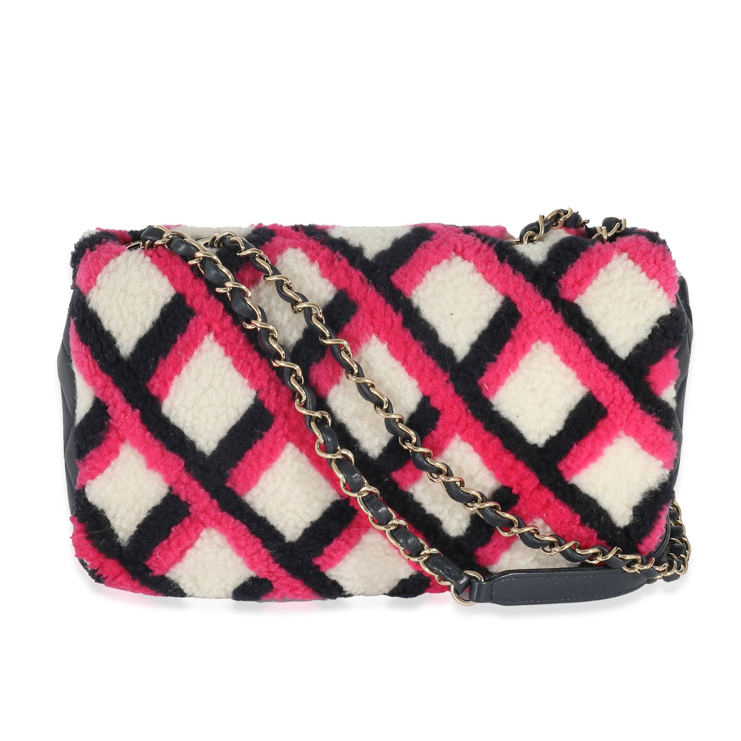 CHANEL Fuchsia Navy White Shearling Lambskin Emoticon Single Flap Bag
