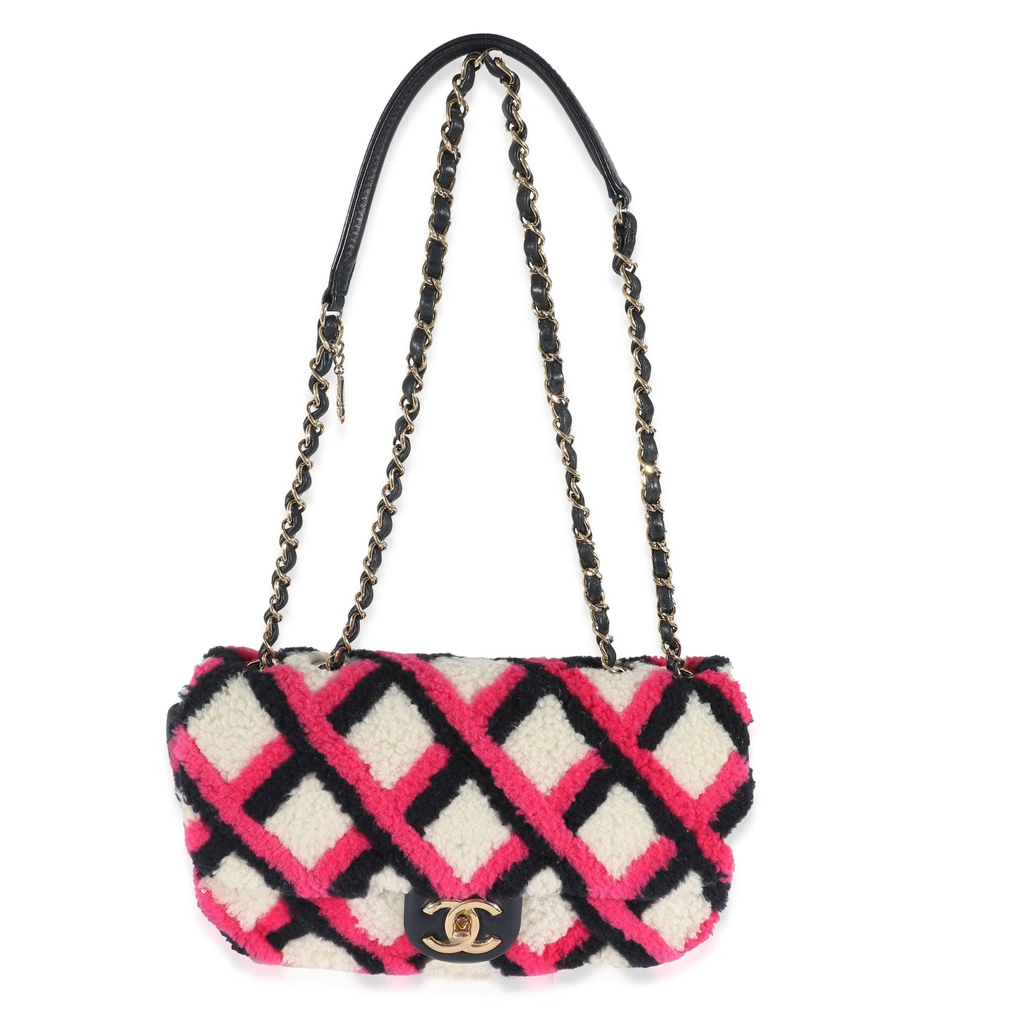 CHANEL Fuchsia Navy White Shearling Lambskin Emoticon Single Flap Bag