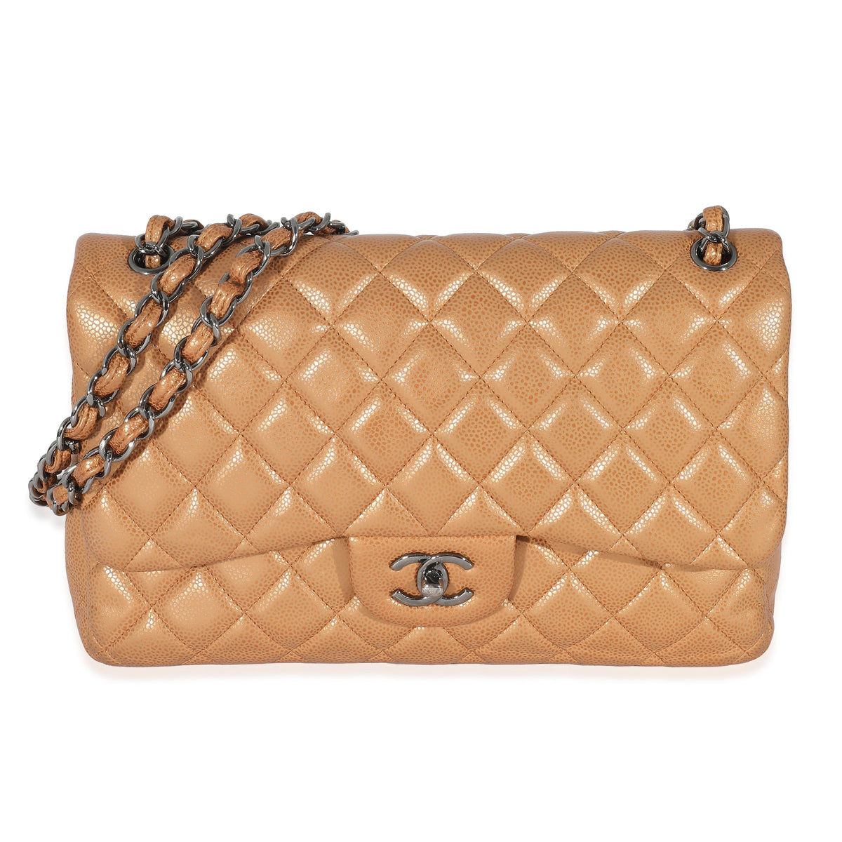 CHANEL Gold Metallic Caviar Jumbo Double Flap Bag
