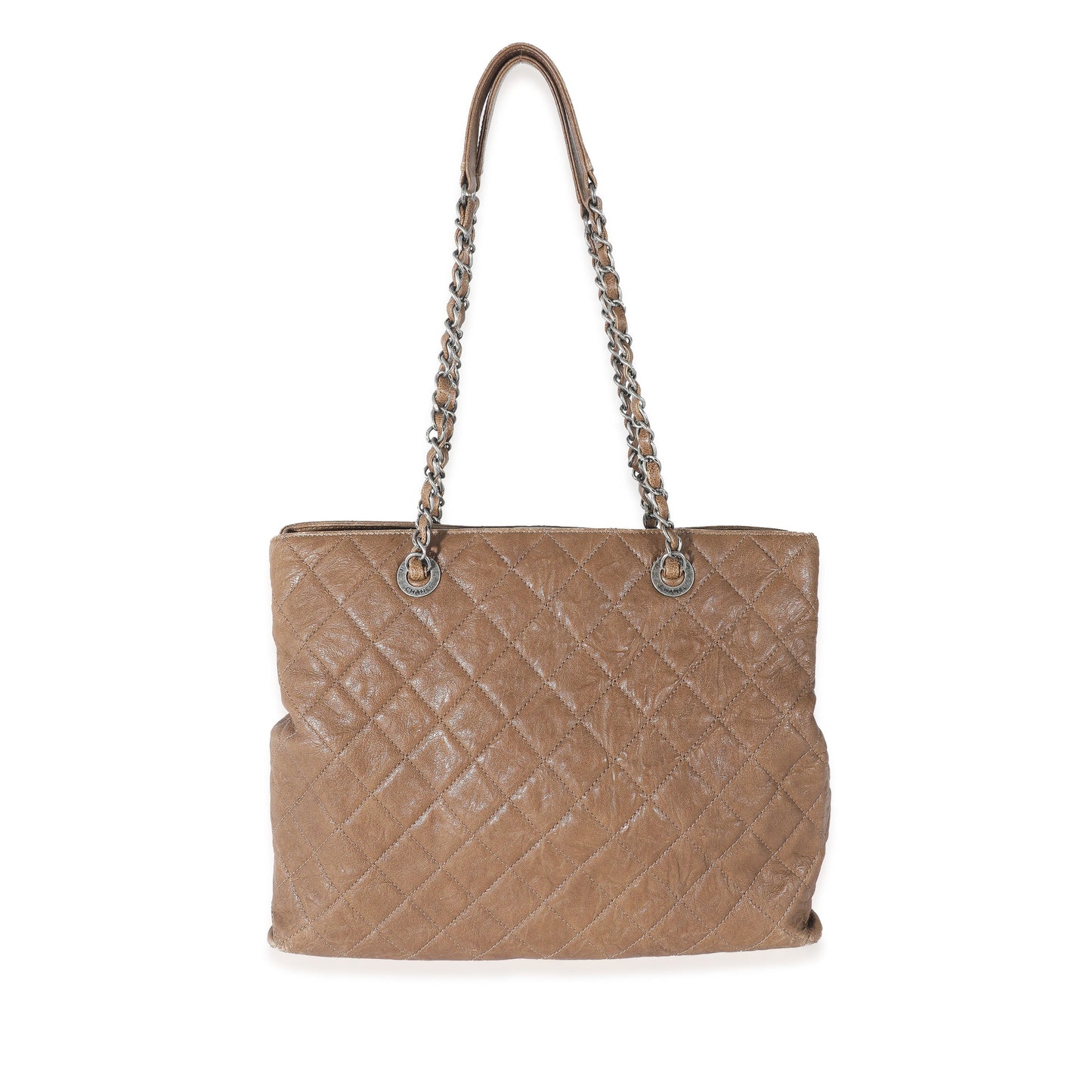 CHANEL Brown Quilted Crumpled Calfskin CC Tote
