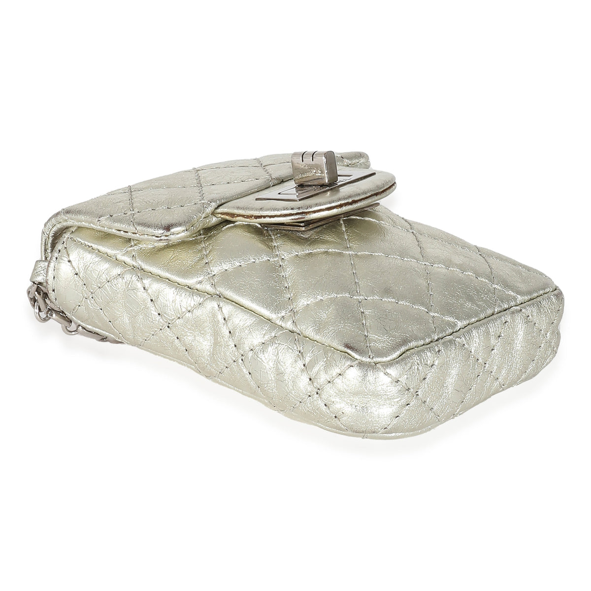 CHANEL Silver Metallic Aged Calfskin Quilted 2.55 Reissue Phone Case