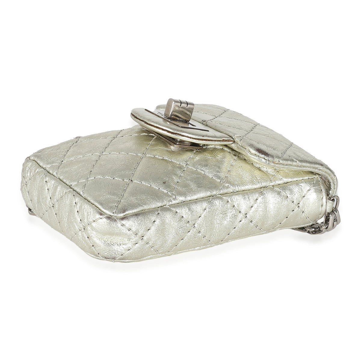 CHANEL Silver Metallic Aged Calfskin Quilted 2.55 Reissue Phone Case