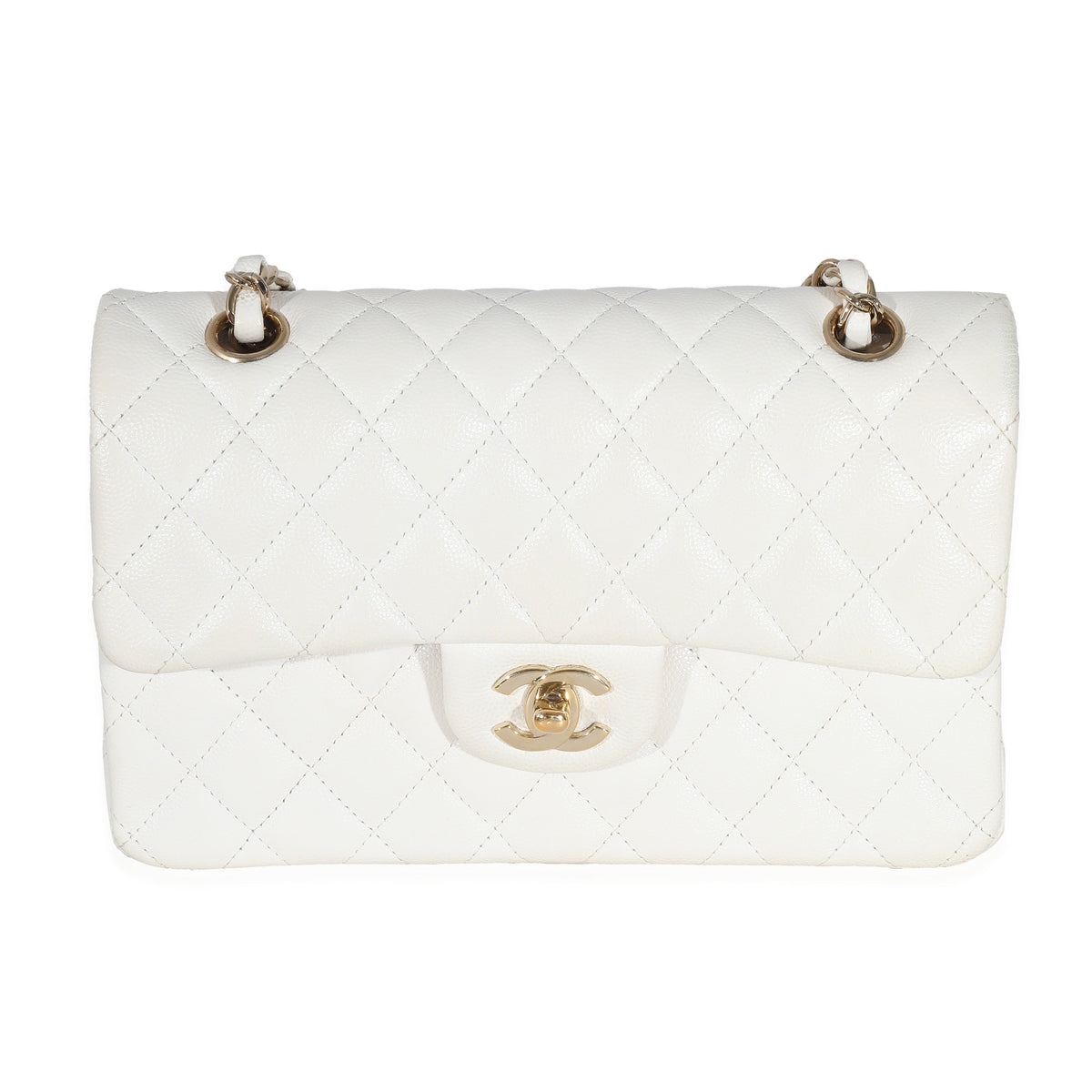CHANEL White Quilted Caviar Small Classic Double Flap Bag
