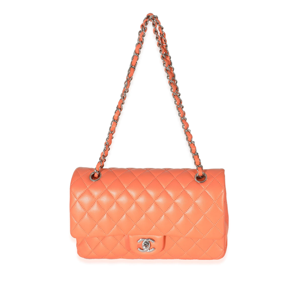 CHANEL Orange Quilted Lambskin Medium Classic Double Flap Bag