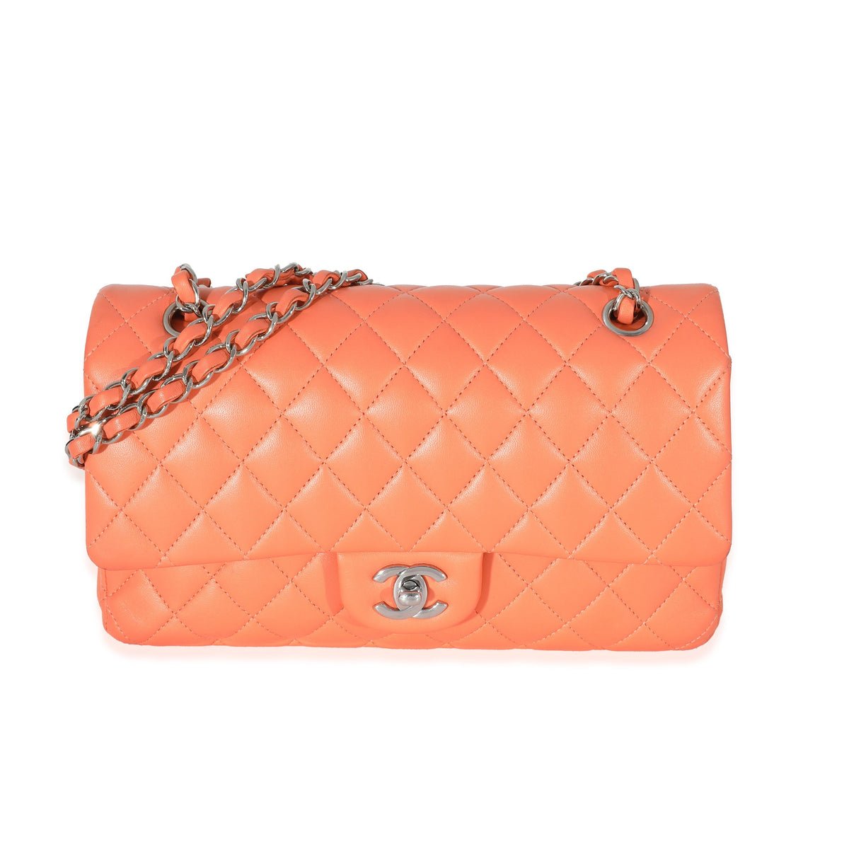CHANEL Orange Quilted Lambskin Medium Classic Double Flap Bag