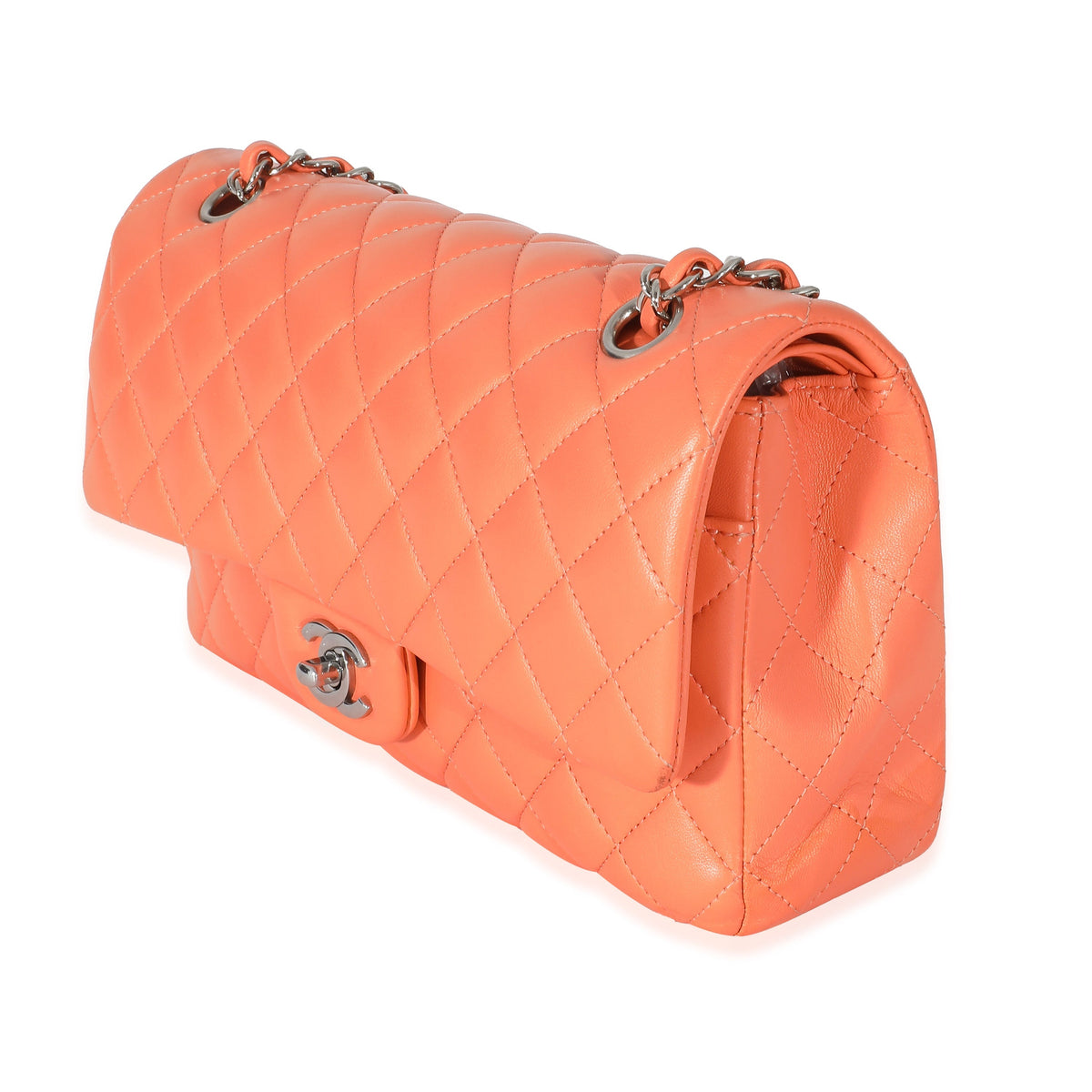 CHANEL Orange Quilted Lambskin Medium Classic Double Flap Bag