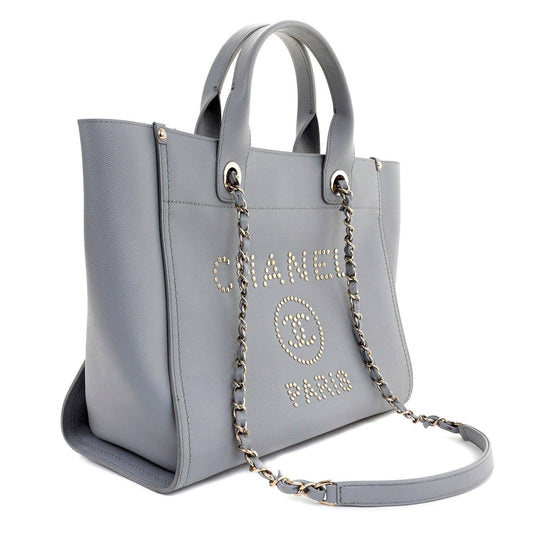 Chanel Grey Caviar Deauville Studded Tote with Silver Hardware