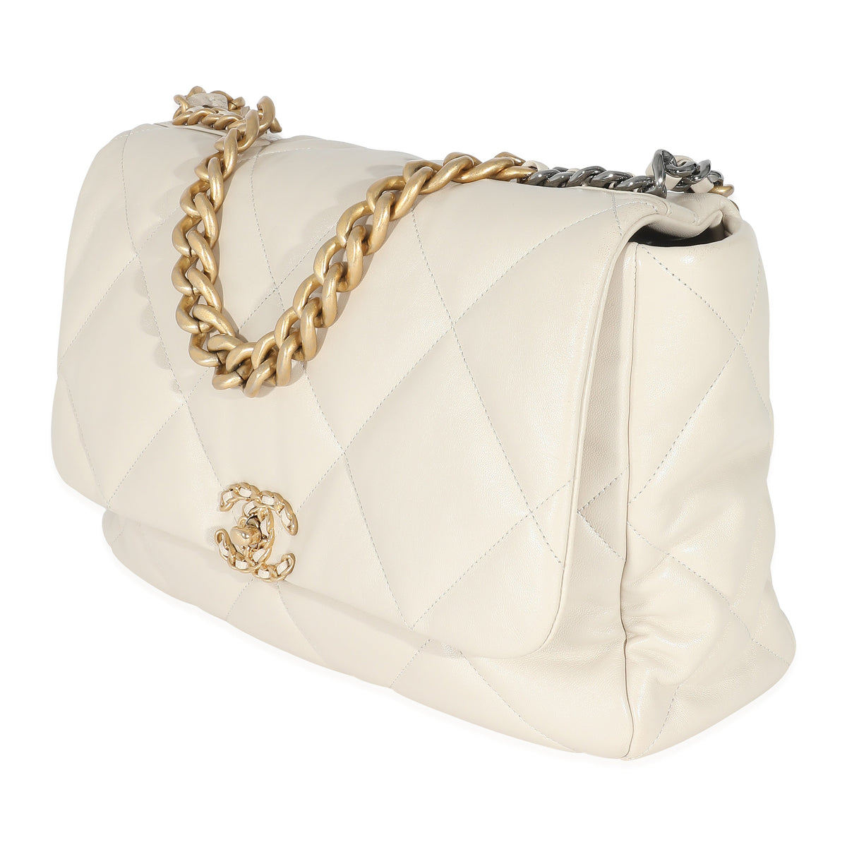 Top Quality Chanel Ivory Shiny Quilted Lambskin Maxi 19 New Bag