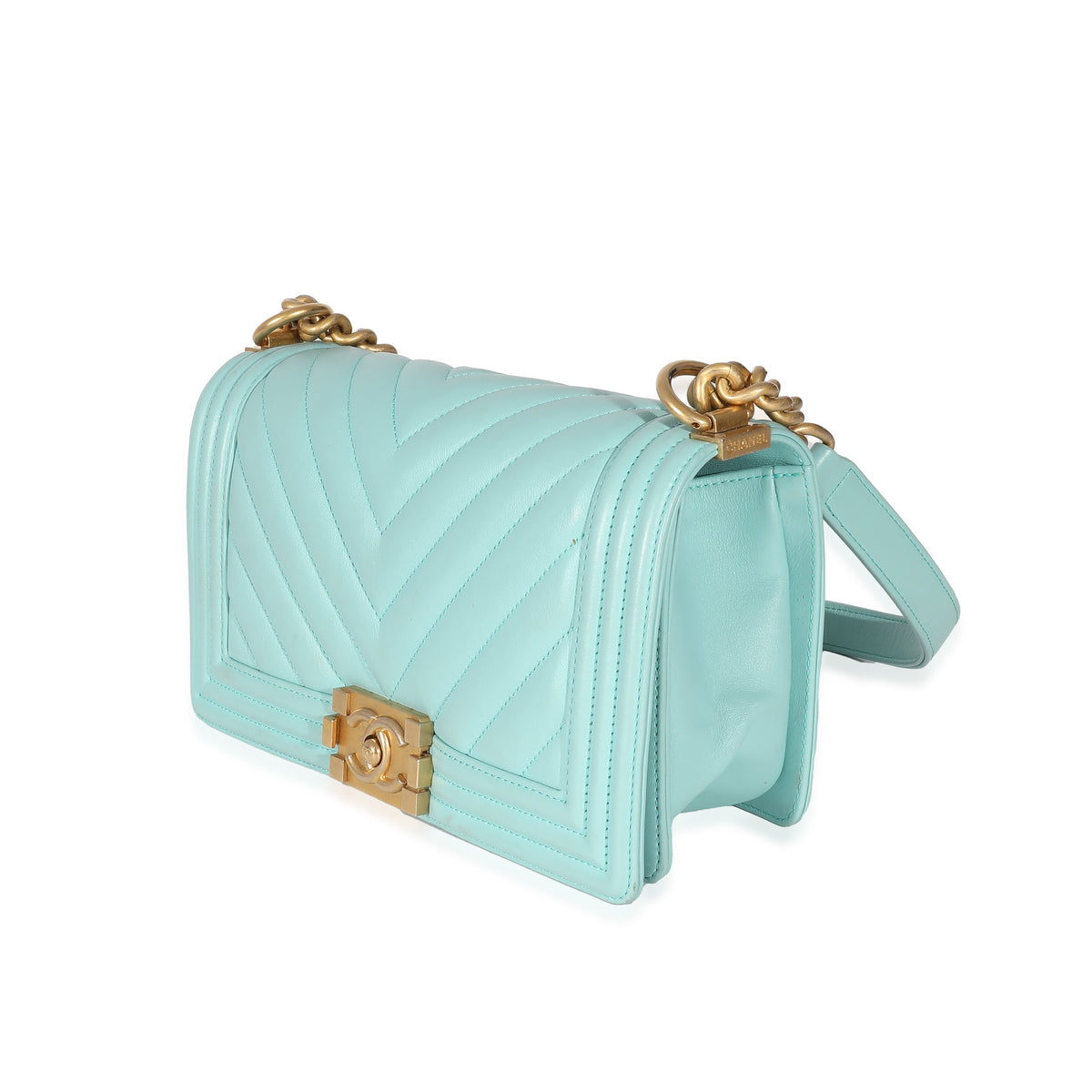 CHANEL Light Blue Chevron Lambskin Medium Boy Bag