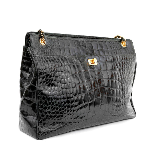 Chanel Dark Green Crocodile Tote Briefcase w/ Gold Hardware