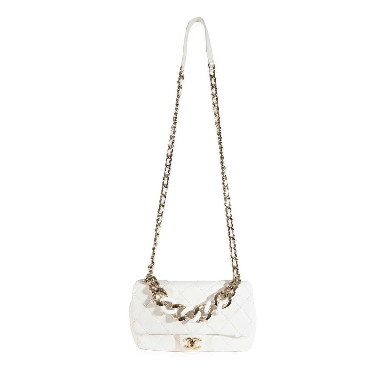 CHANEL White Quilted Lambskin Elegant Chain Flap Bag