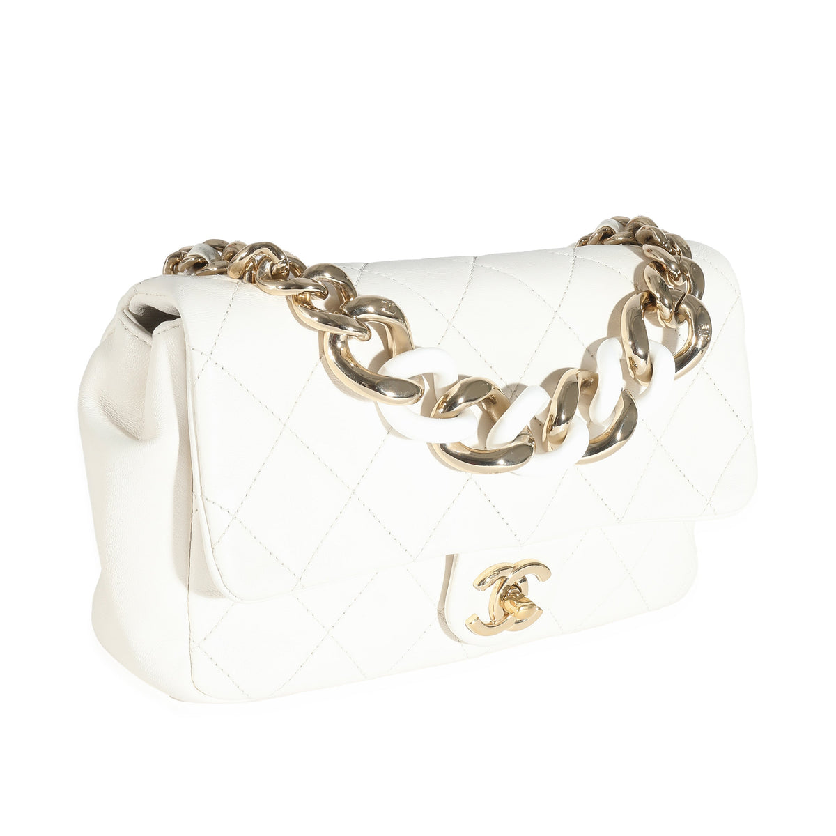 CHANEL White Quilted Lambskin Elegant Chain Flap Bag