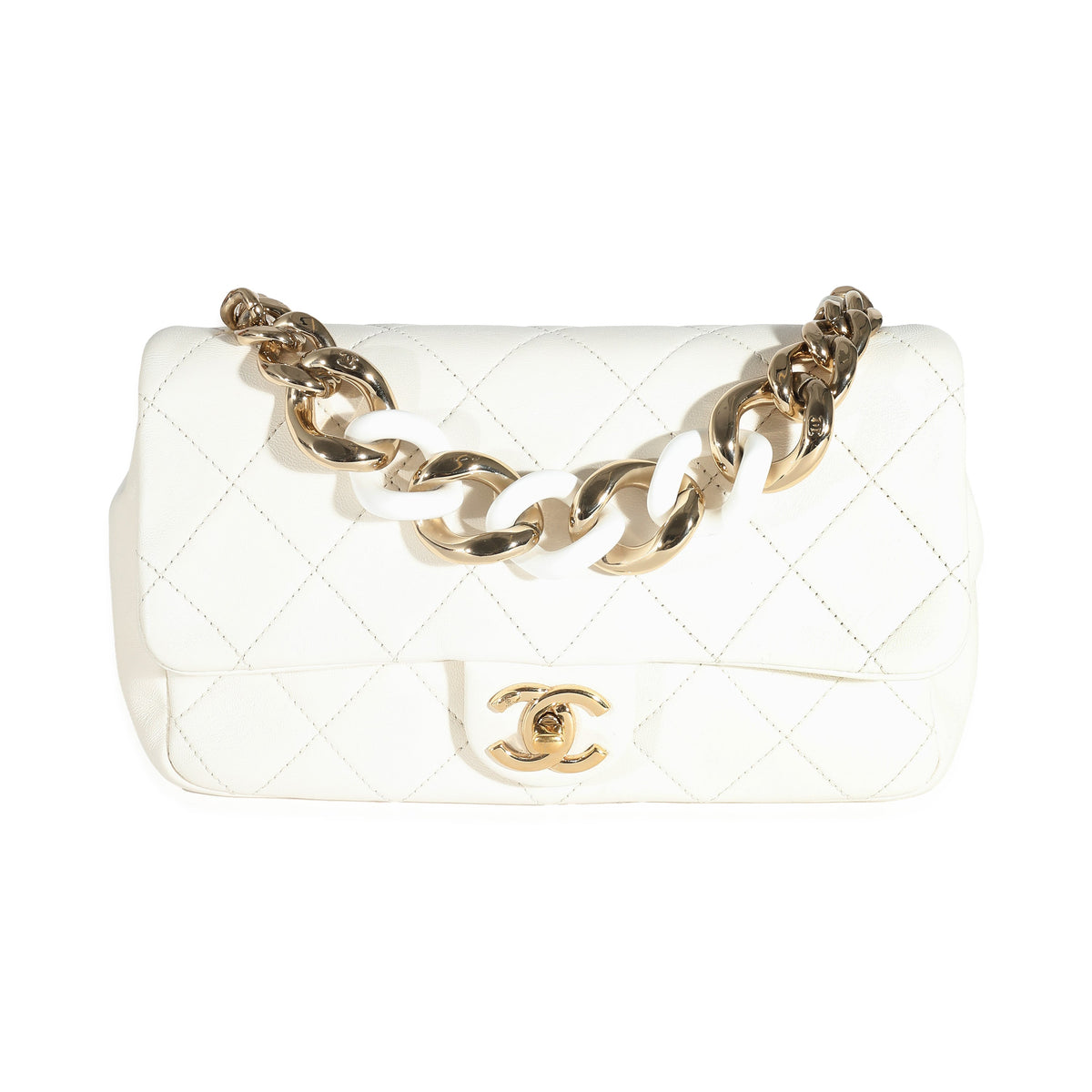 CHANEL White Quilted Lambskin Elegant Chain Flap Bag