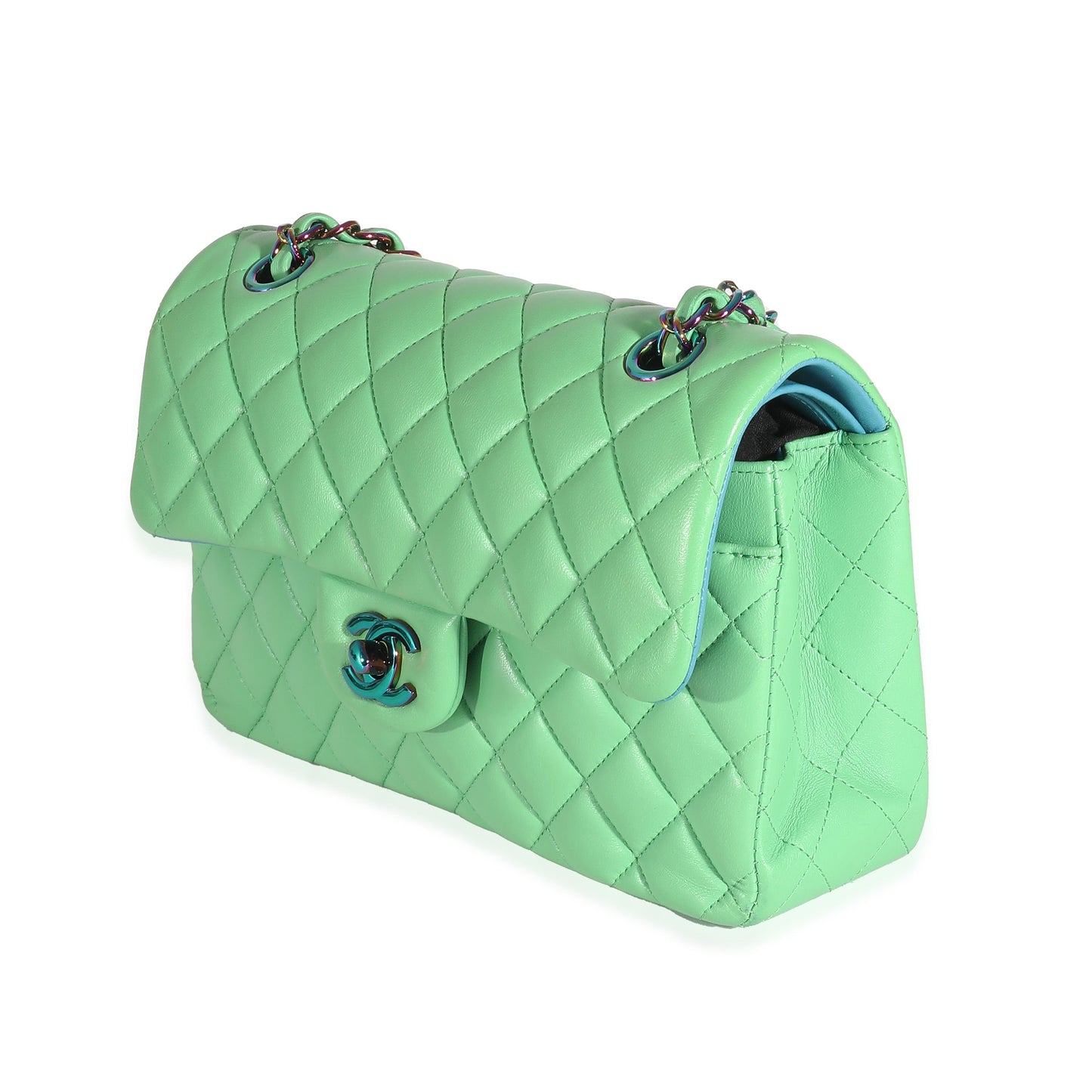 CHANEL Green Quilted Lambskin Rainbow Small Classic Double Flap Bag