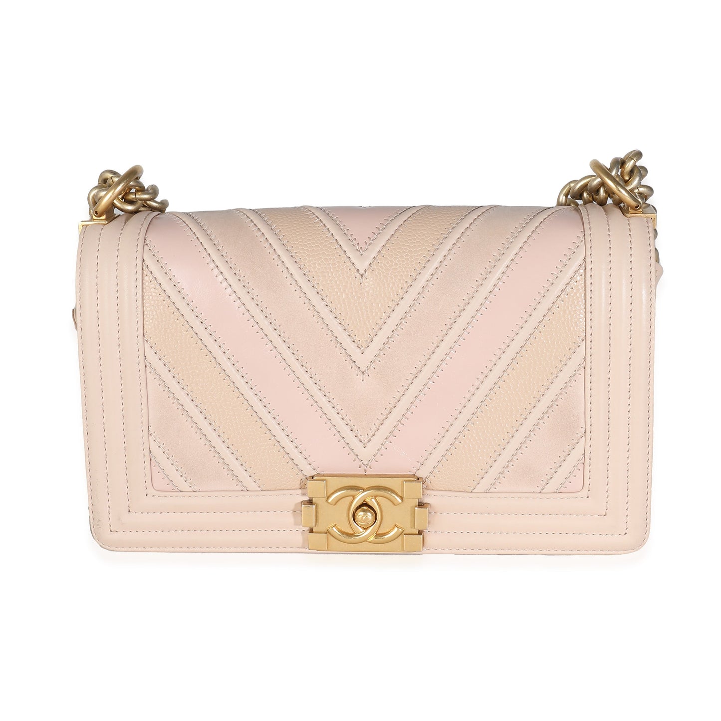 CHANEL Beige Caviar Suede Calfskin Chevron Medium Boy Bag