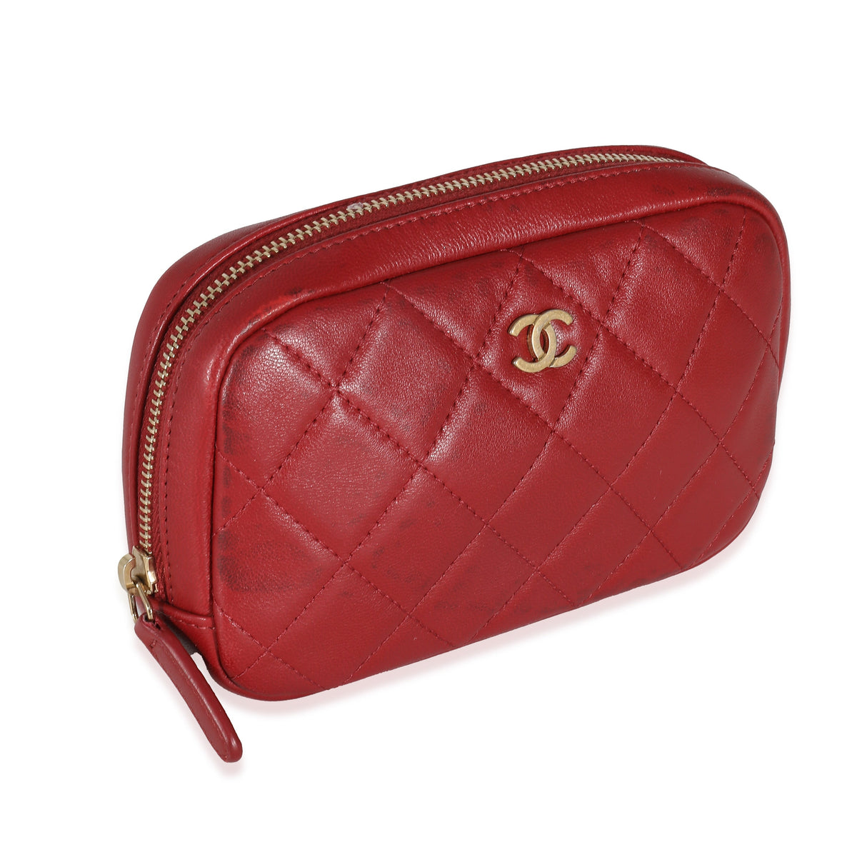 CHANEL Red Quilted Lambskin Small Curvy Pouch Cosmetic Case