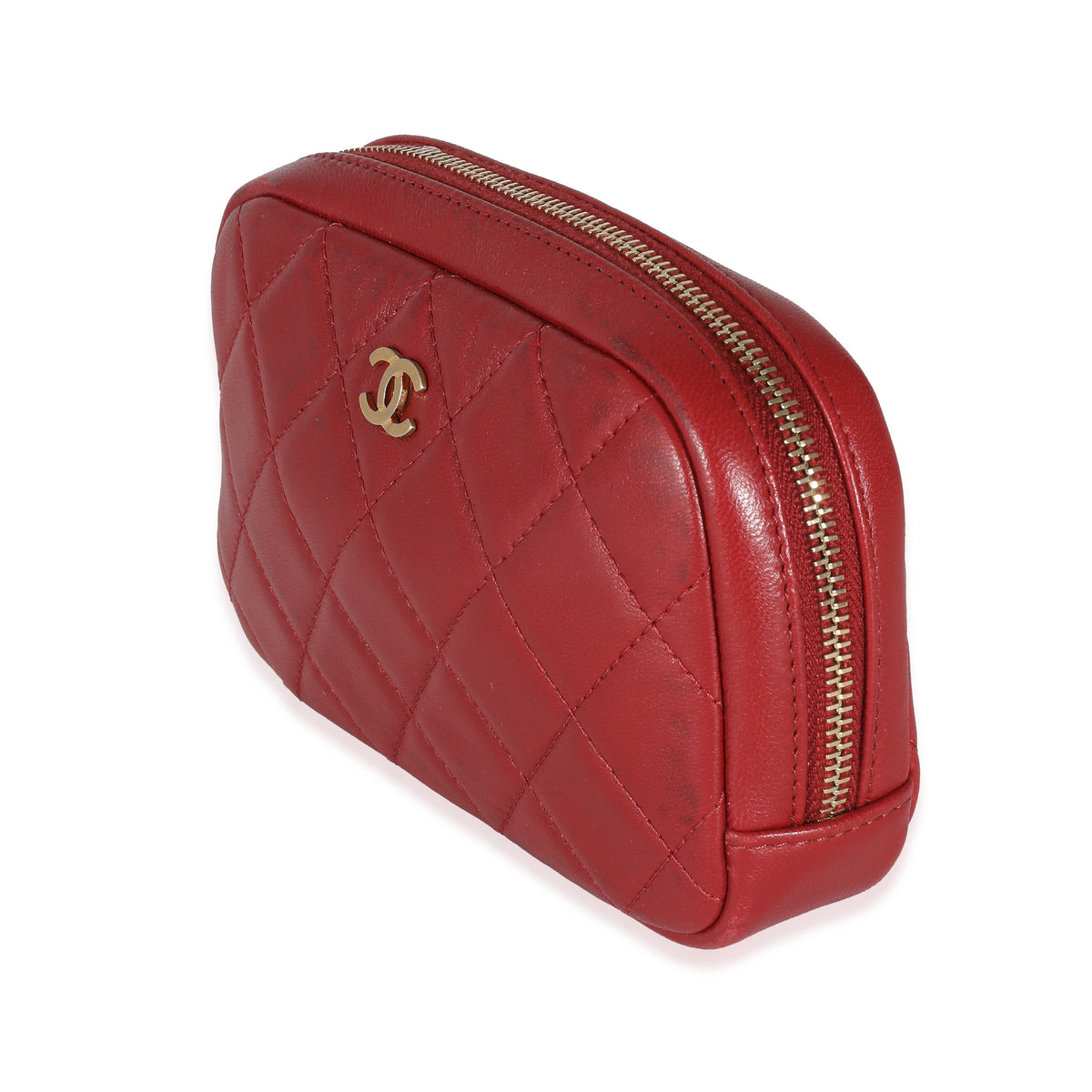 CHANEL Red Quilted Lambskin Small Curvy Pouch Cosmetic Case
