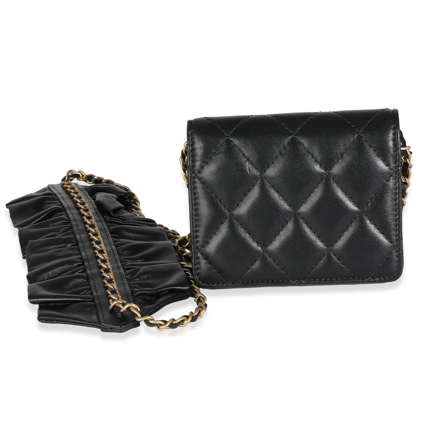 CHANEL Black Quilted Lambskin Ruffled Card Holder On Chain