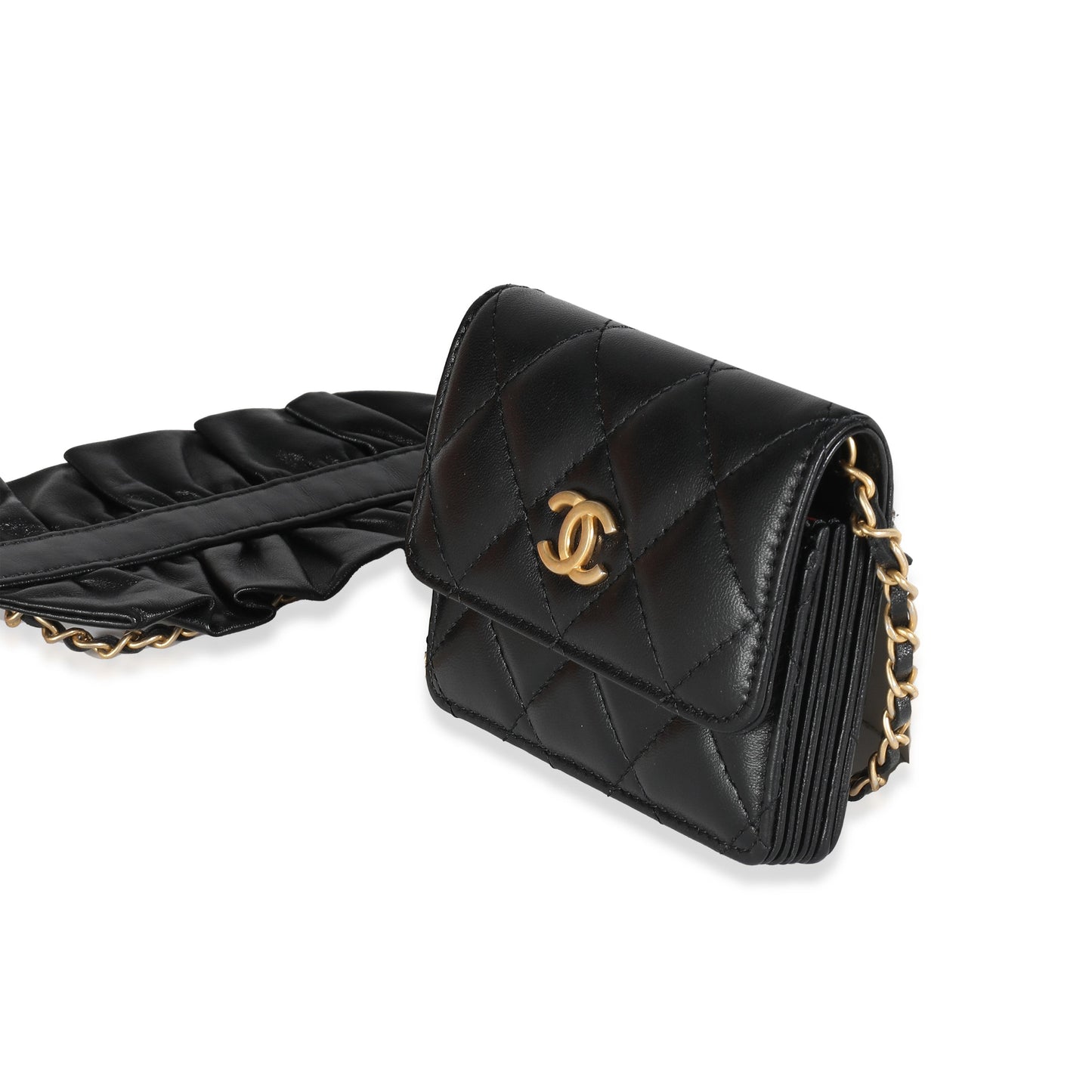 CHANEL Black Quilted Lambskin Ruffled Card Holder On Chain