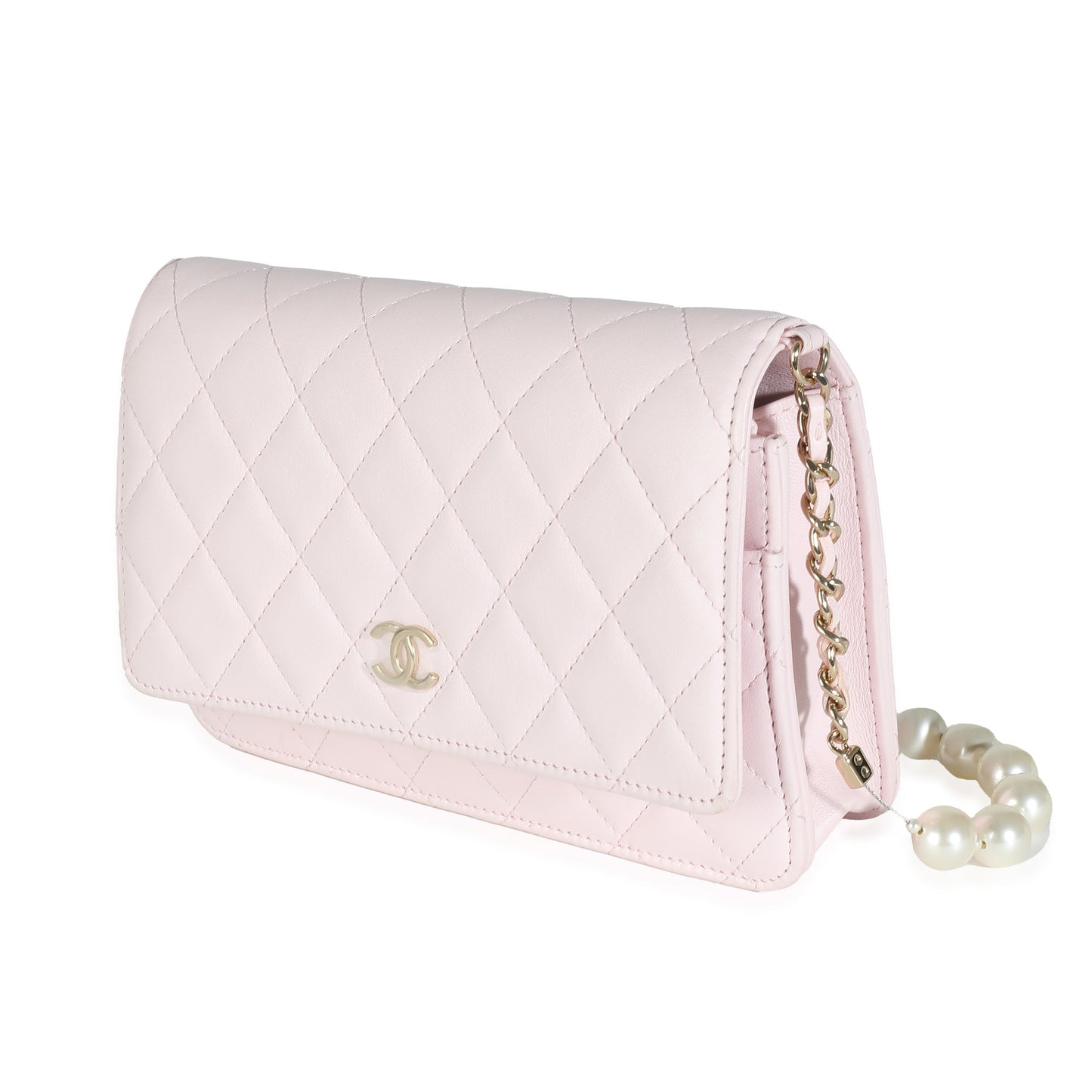 CHANEL Pink Quilted Lambskin Pearl Wallet On Chain