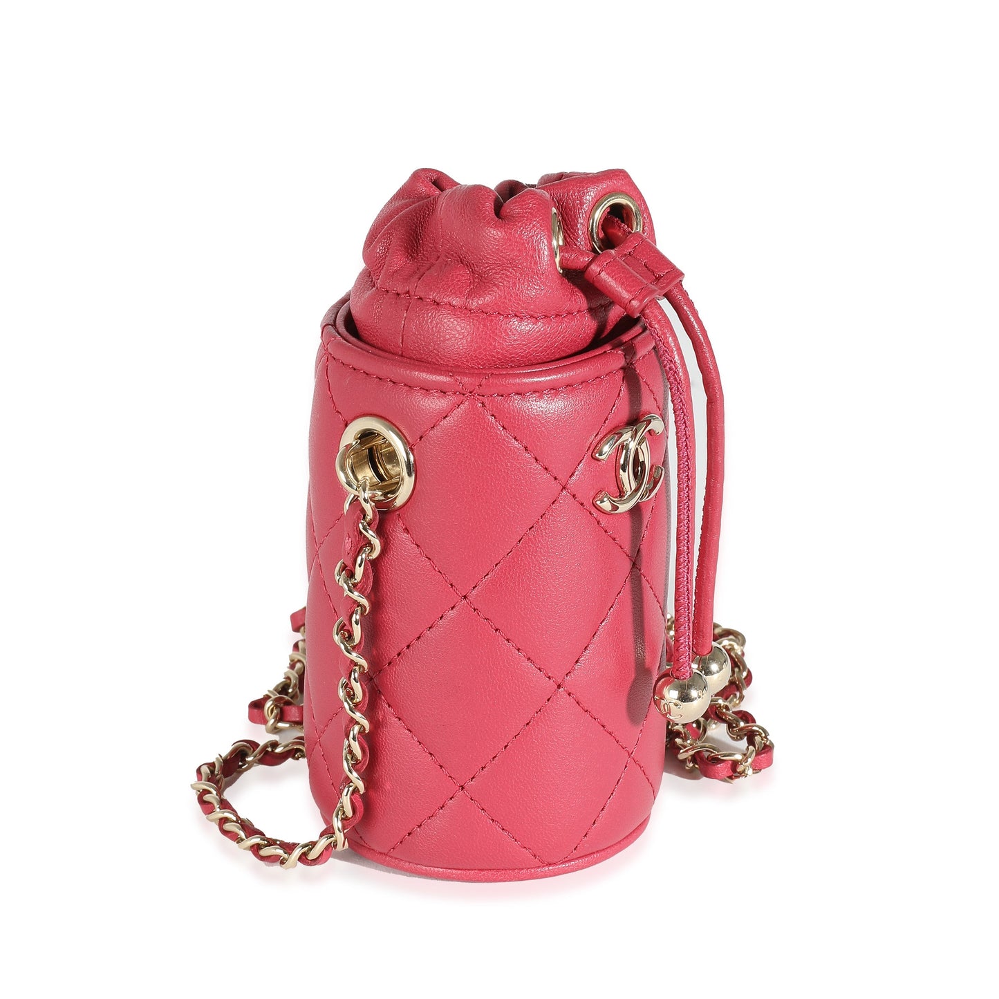 CHANEL Dark Pink Quilted Lambskin Micro Drawstring Bucket