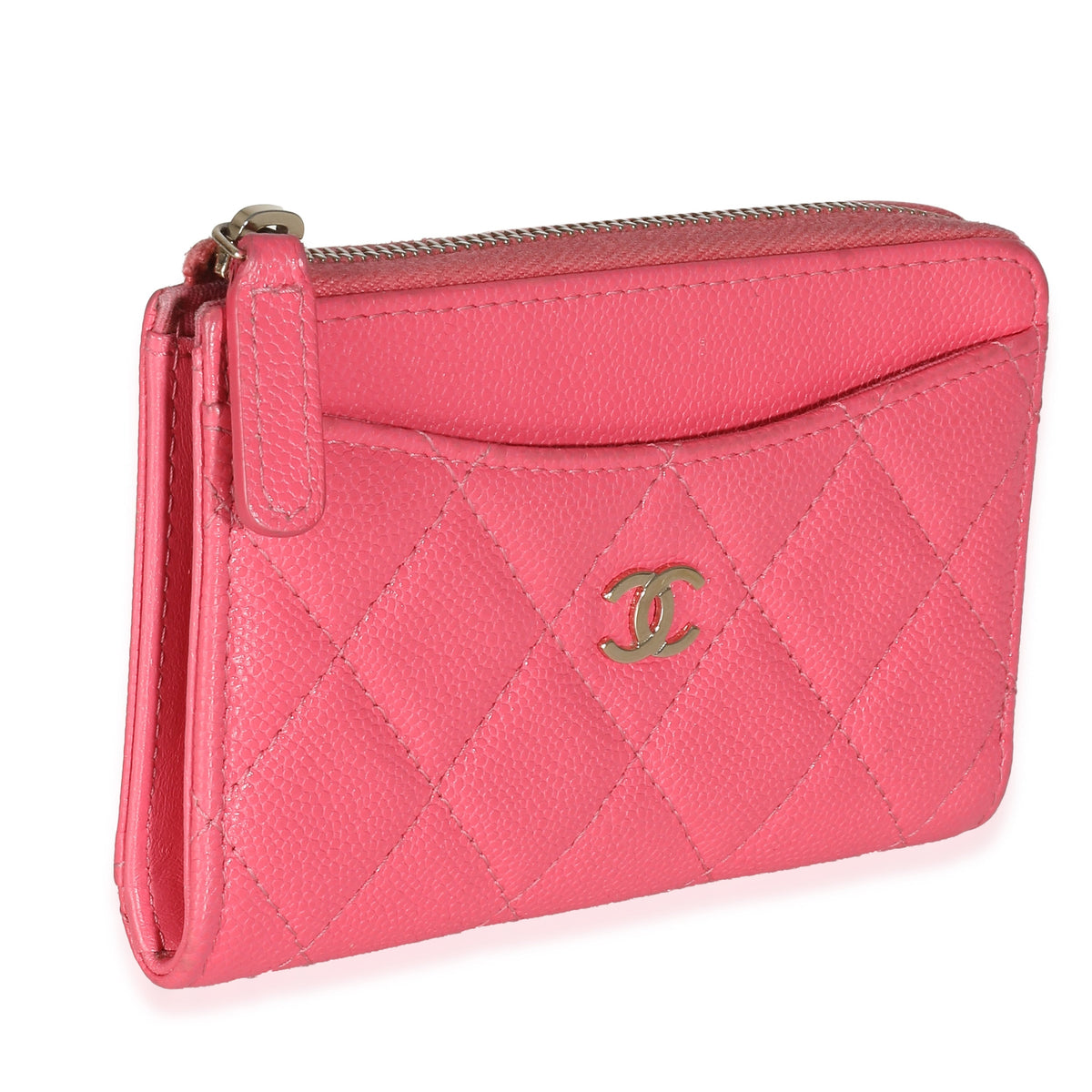 CHANEL Pink Quilted Caviar Zip Card Case