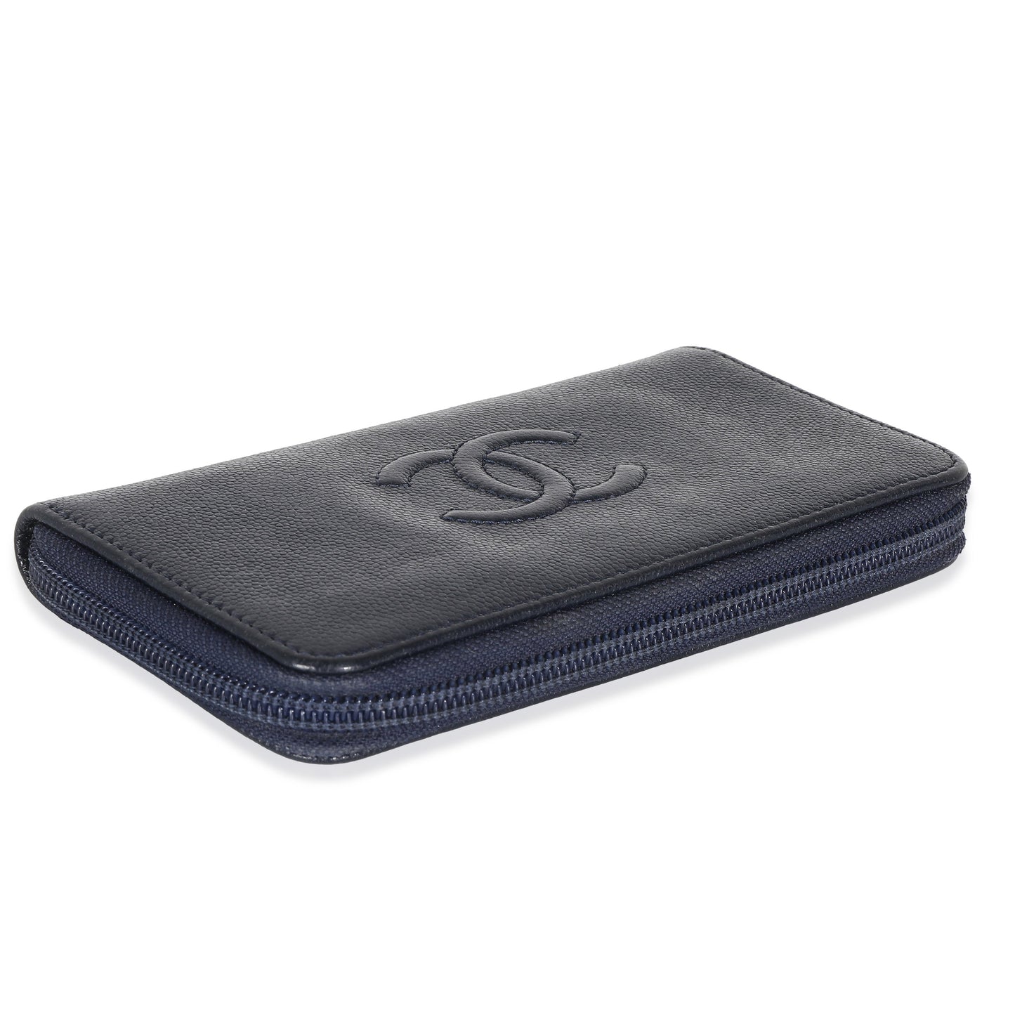 CHANEL Navy Caviar CC Zip Around Wallet
