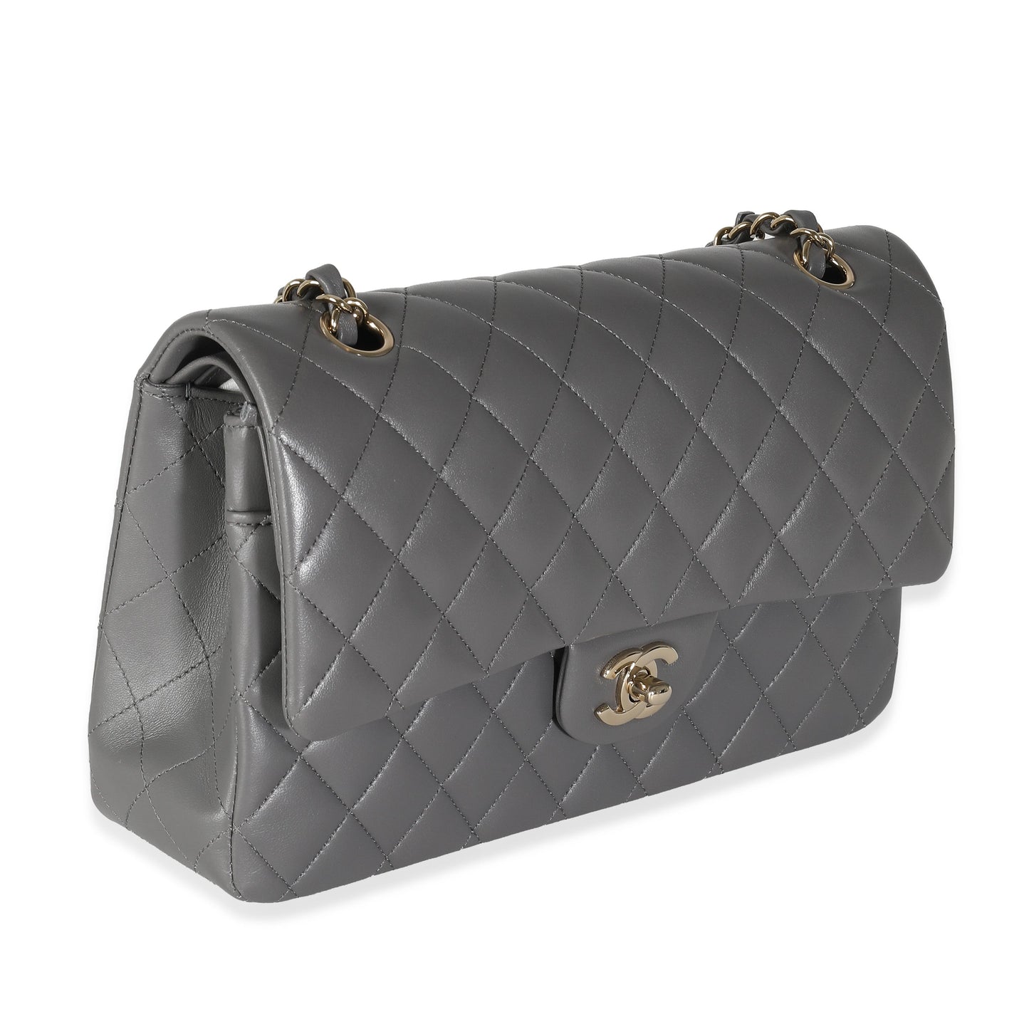 CHANEL 22A Grey Quilted Lambskin Medium Classic Double Flap Bag