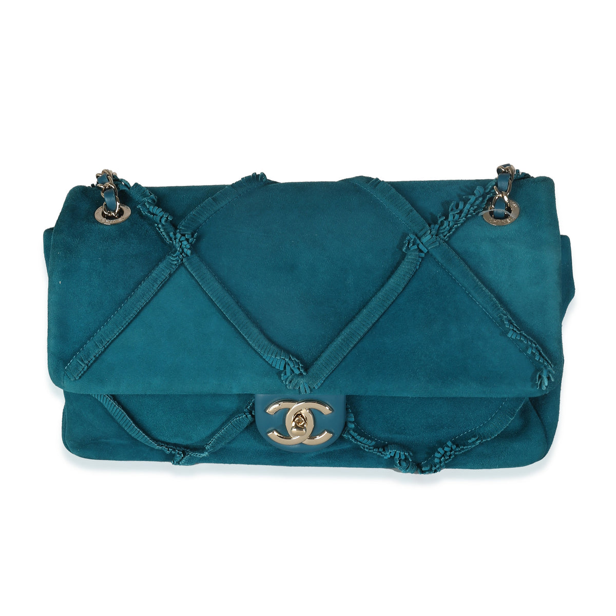 CHANEL Teal Suede Goatskin Diamond Fringe Medium Flap Bag