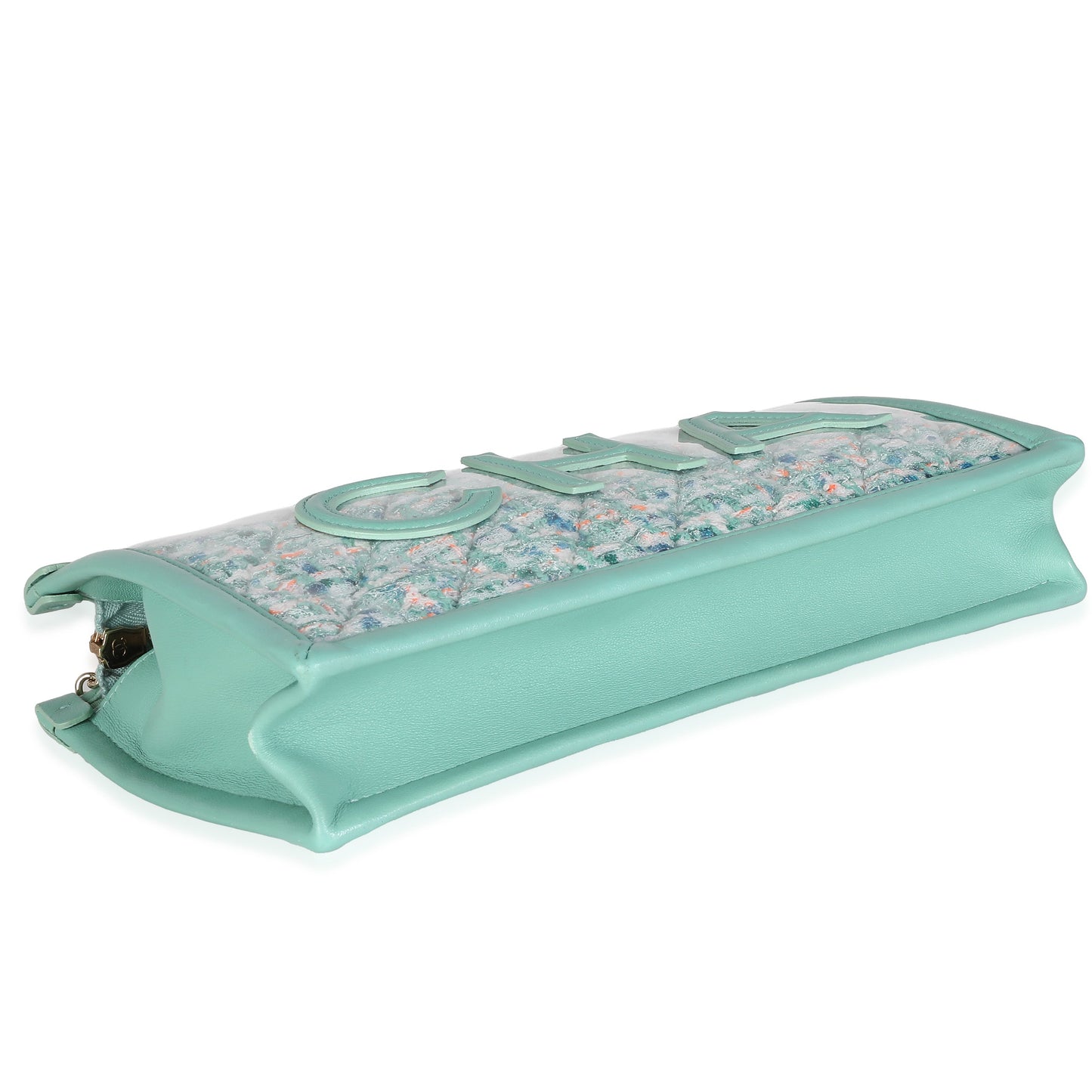 CHANEL Green Tweed PVC Lambskin Logo Wristlet Pouch