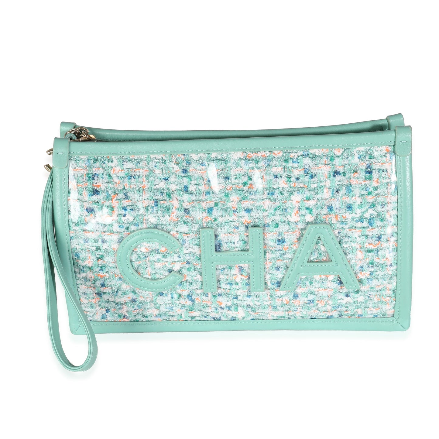 CHANEL Green Tweed PVC Lambskin Logo Wristlet Pouch