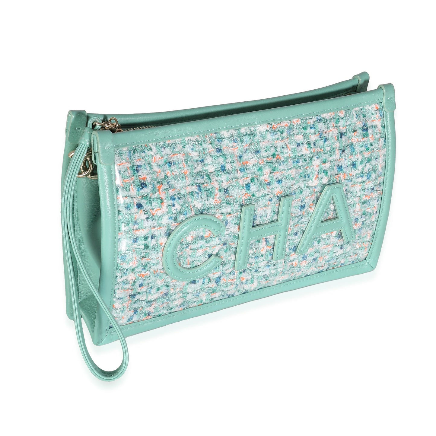 CHANEL Green Tweed PVC Lambskin Logo Wristlet Pouch