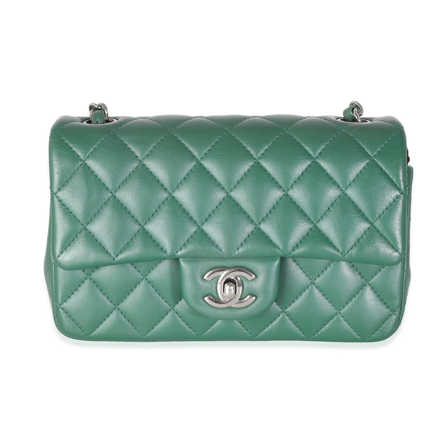 CHANEL Dark Green Quilted Lambskin Mini Rectangular Flap Bag