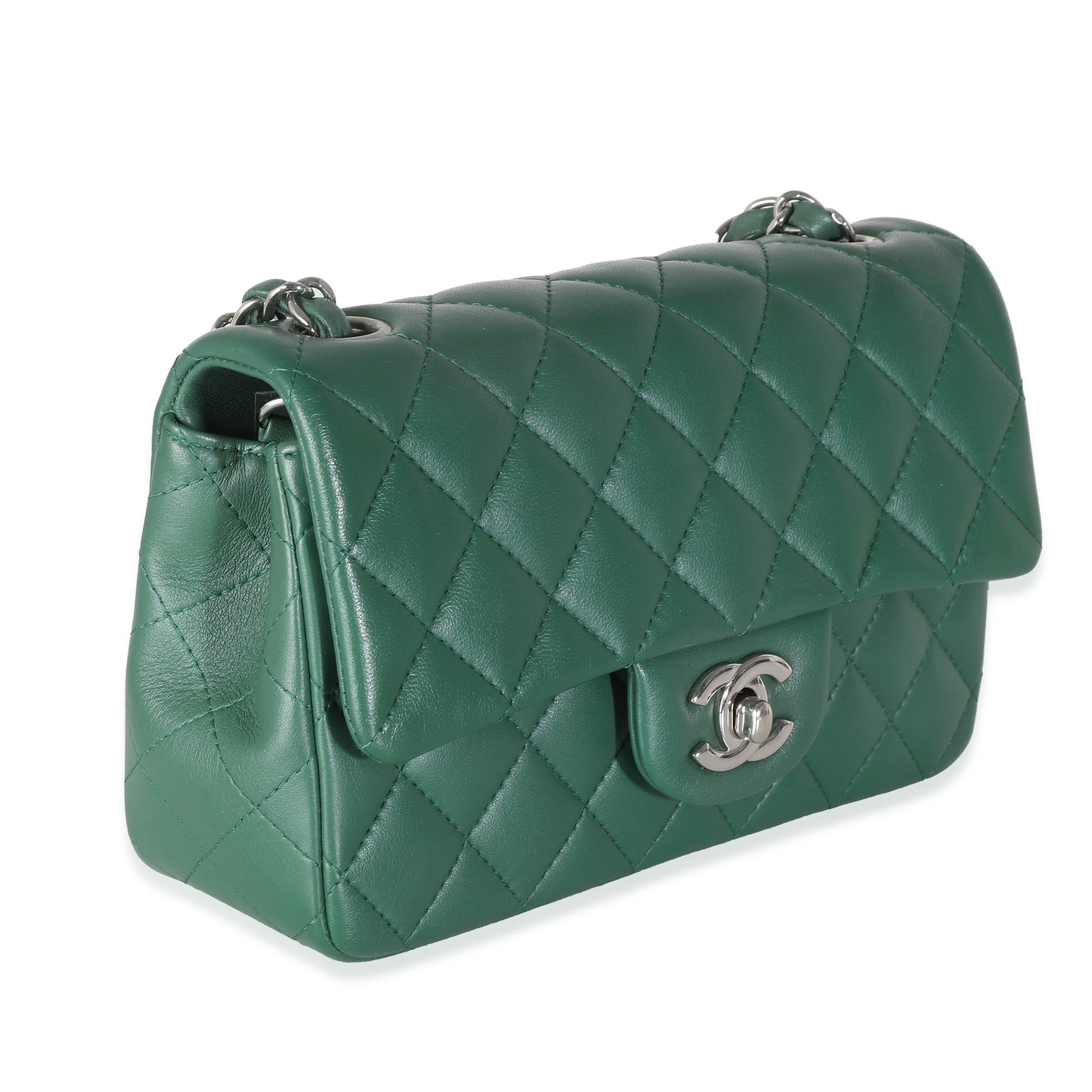 CHANEL Dark Green Quilted Lambskin Mini Rectangular Flap Bag