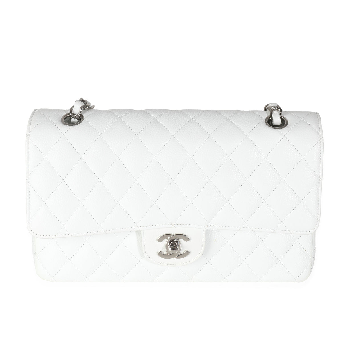CHANEL White Quilted Caviar Medium Classic Double Flap Bag