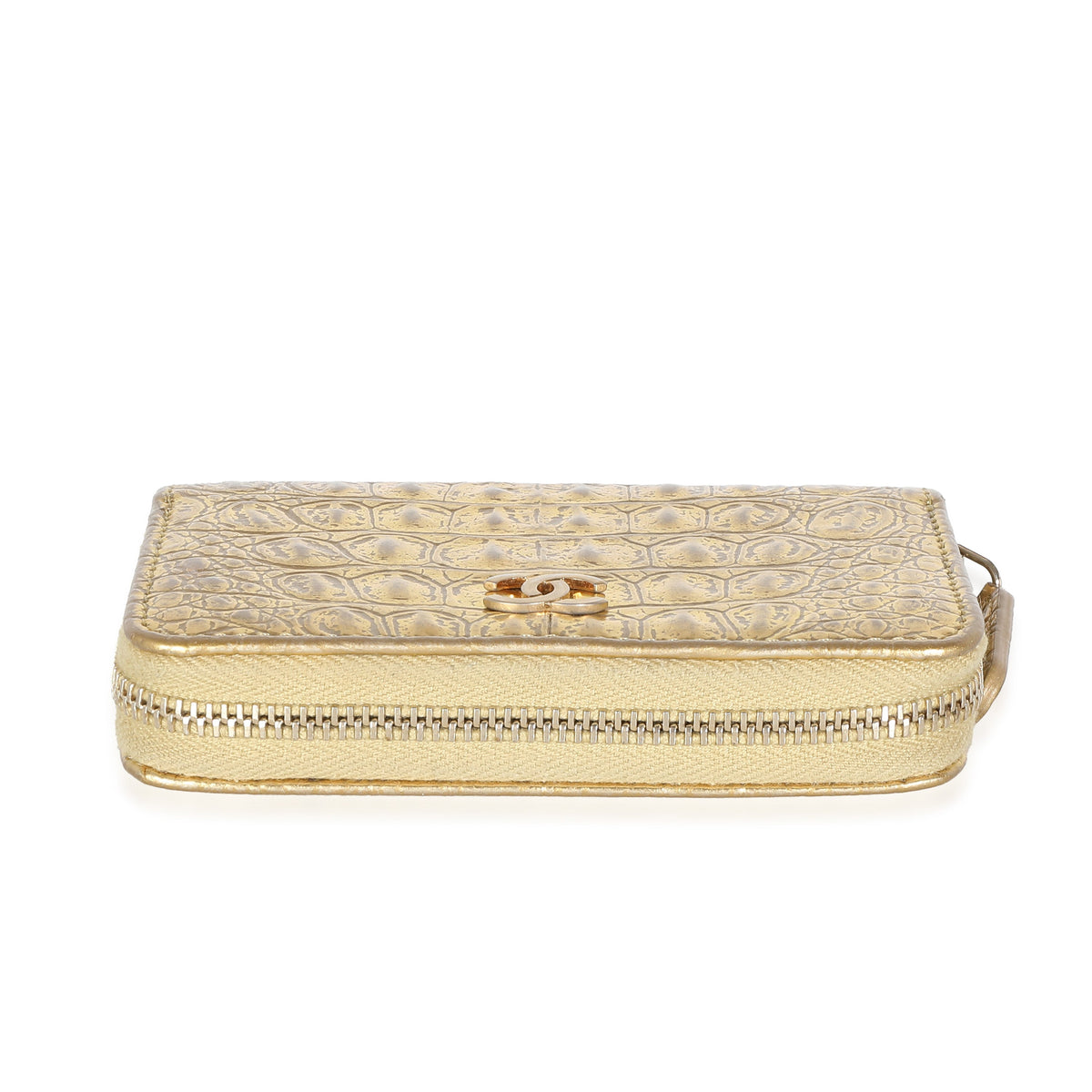 CHANEL Gold Metallic Croc Embossed Calfskin Zip Around Card Case