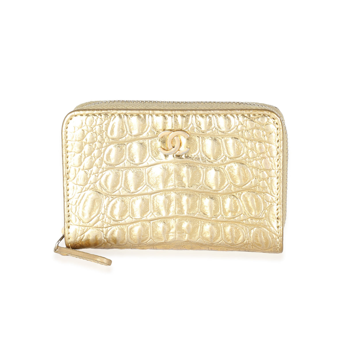 CHANEL Gold Metallic Croc Embossed Calfskin Zip Around Card Case