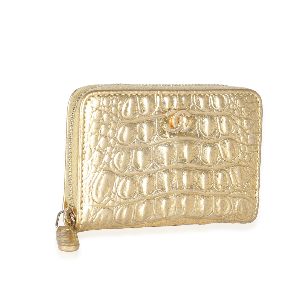CHANEL Gold Metallic Croc Embossed Calfskin Zip Around Card Case