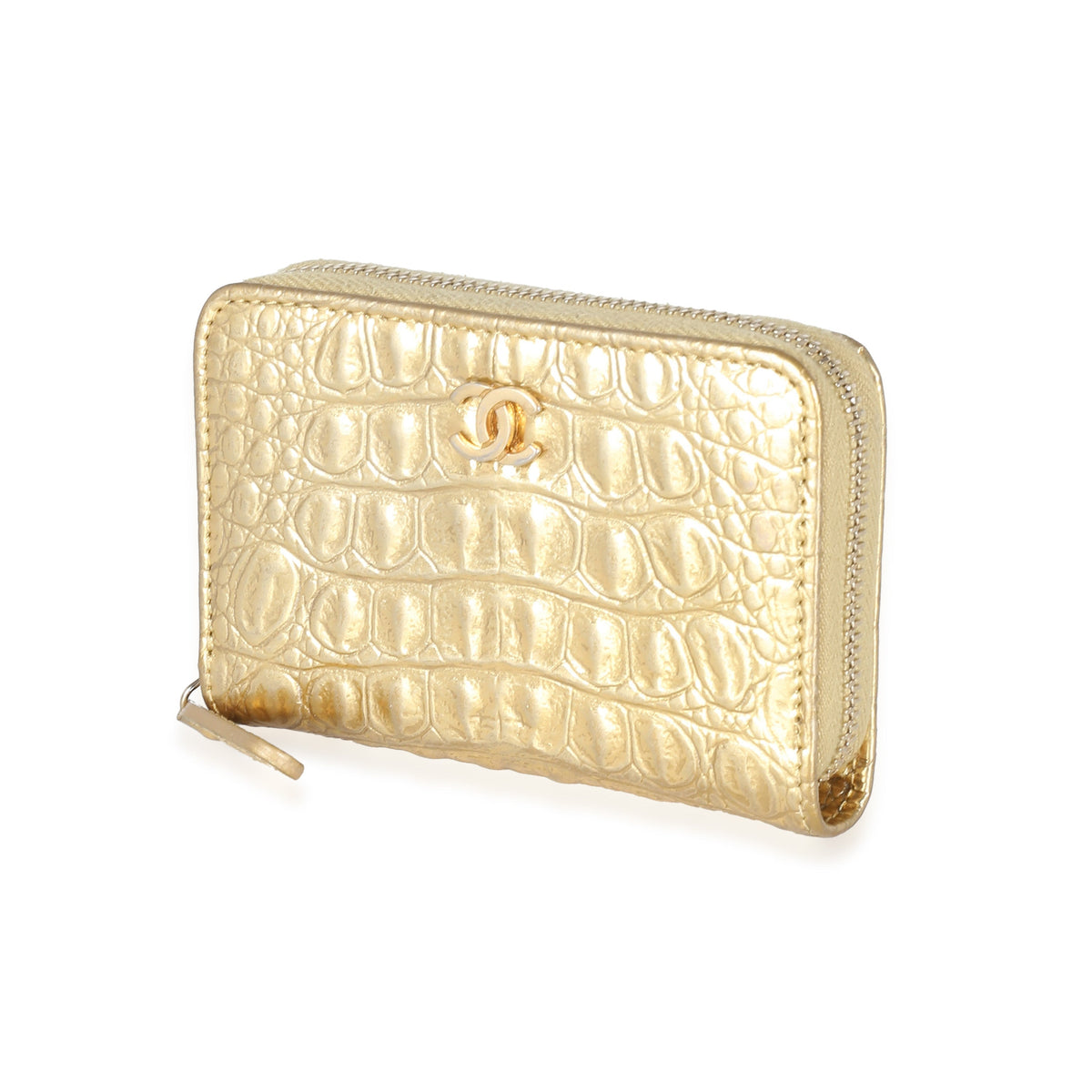 CHANEL Gold Metallic Croc Embossed Calfskin Zip Around Card Case