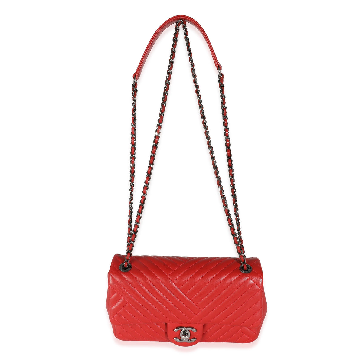 CHANEL Red Chevron Lambskin Small CC Crossing Single Flap Bag