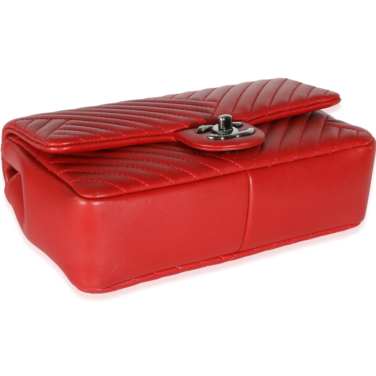 CHANEL Red Chevron Lambskin Small CC Crossing Single Flap Bag