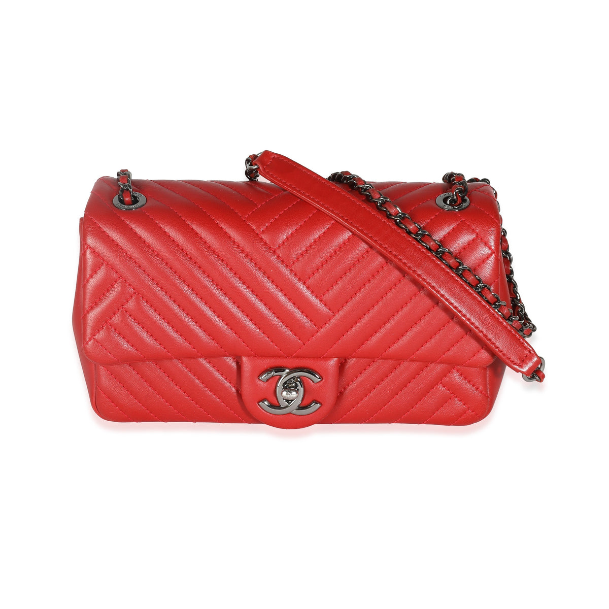 CHANEL Red Chevron Lambskin Small CC Crossing Single Flap Bag