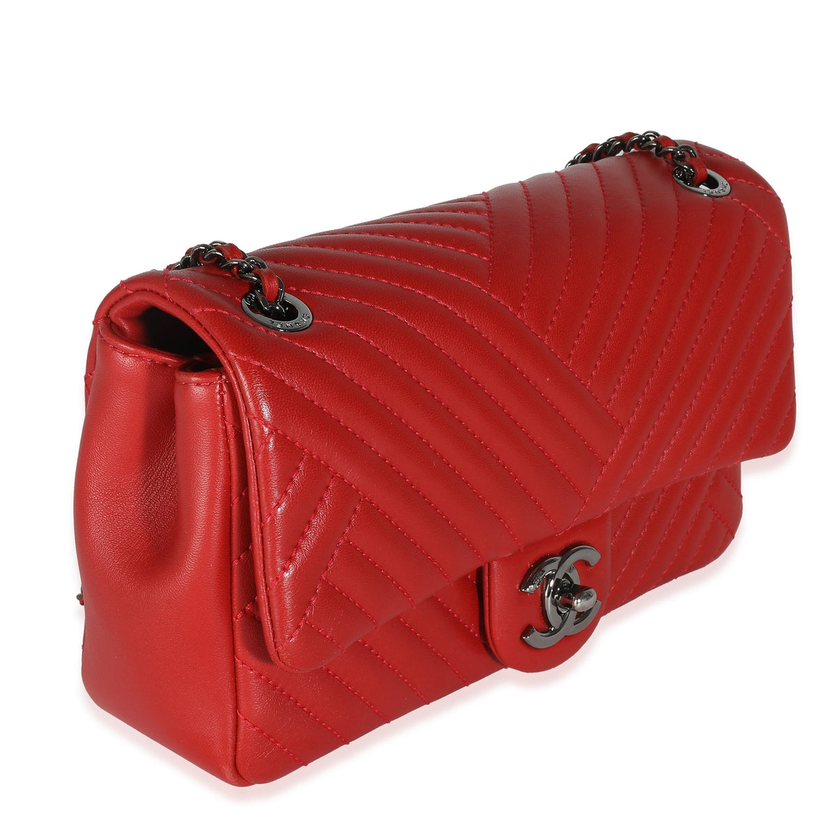 CHANEL Red Chevron Lambskin Small CC Crossing Single Flap Bag