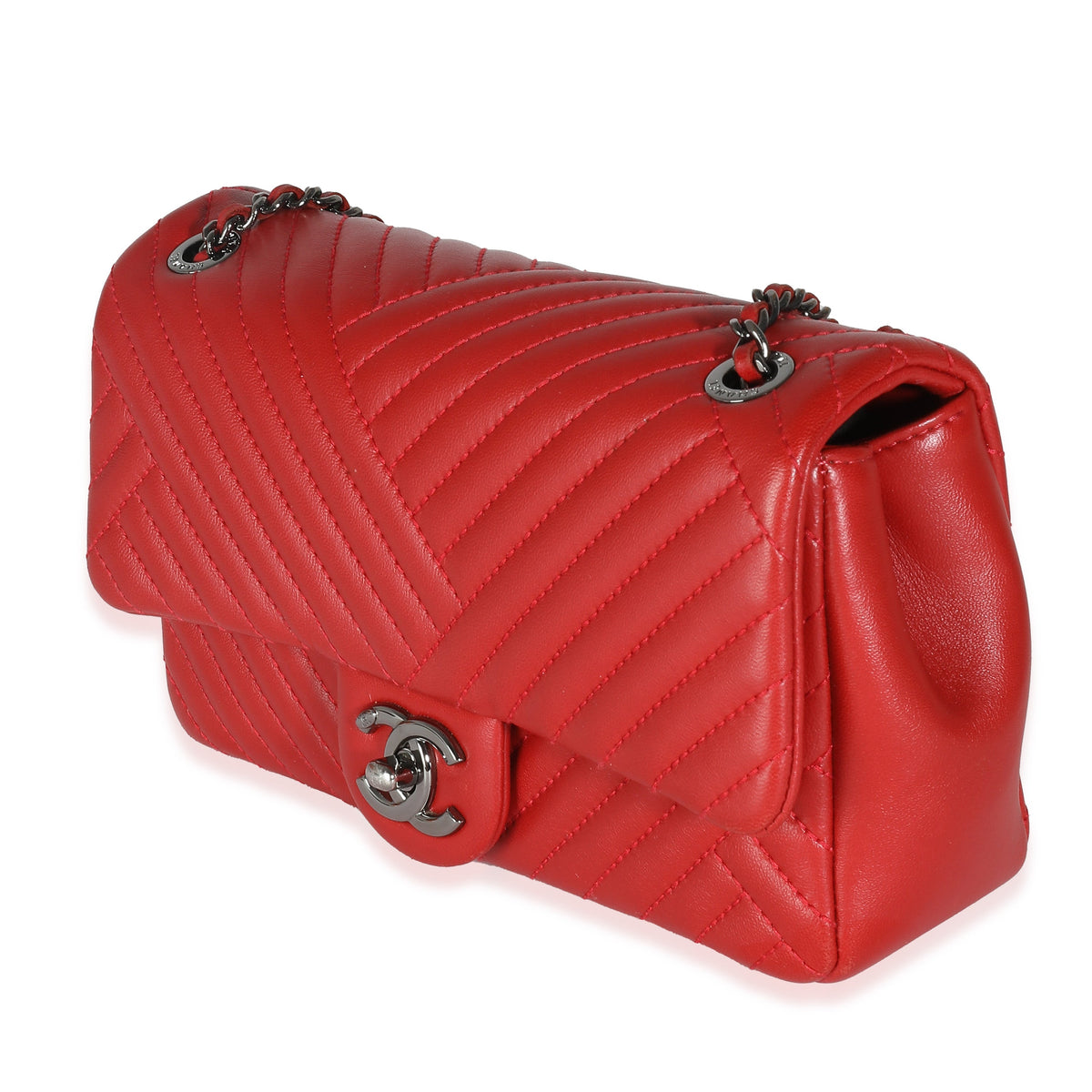 CHANEL Red Chevron Lambskin Small CC Crossing Single Flap Bag
