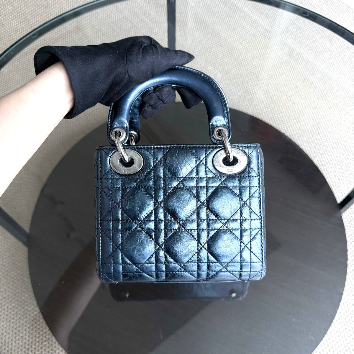 Dior Lady Mini - Cannage Glazed Calfskin Metallic Blue Silver Hardware