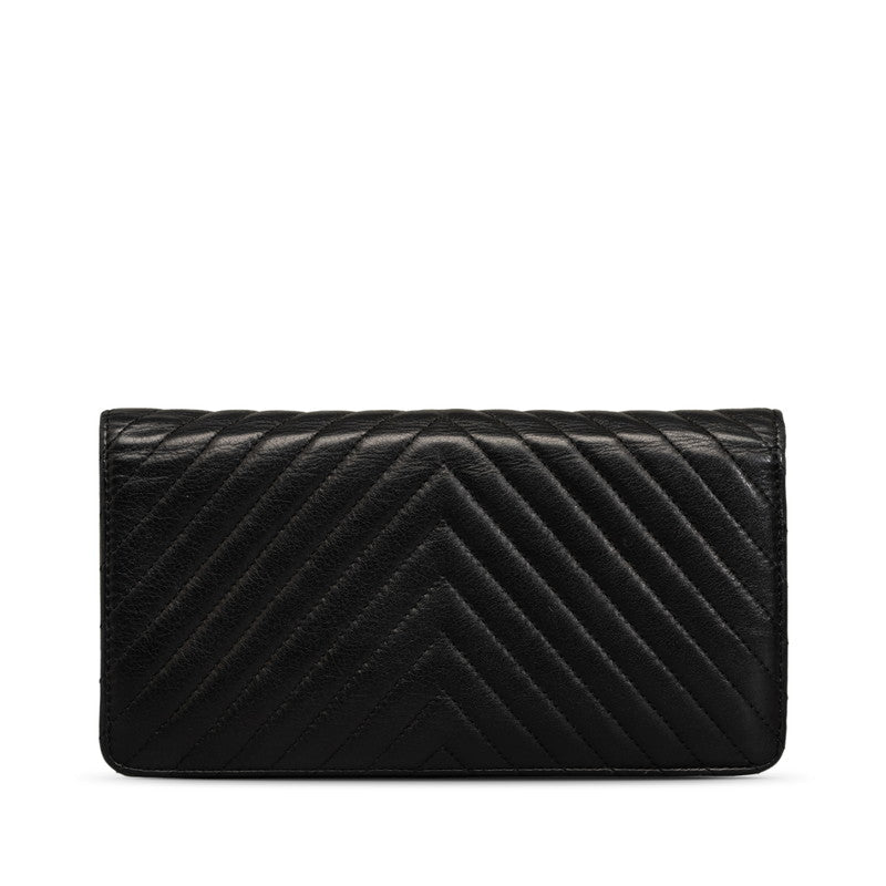 CHANEL Chevron Long Wallet Lambskin Black Silver