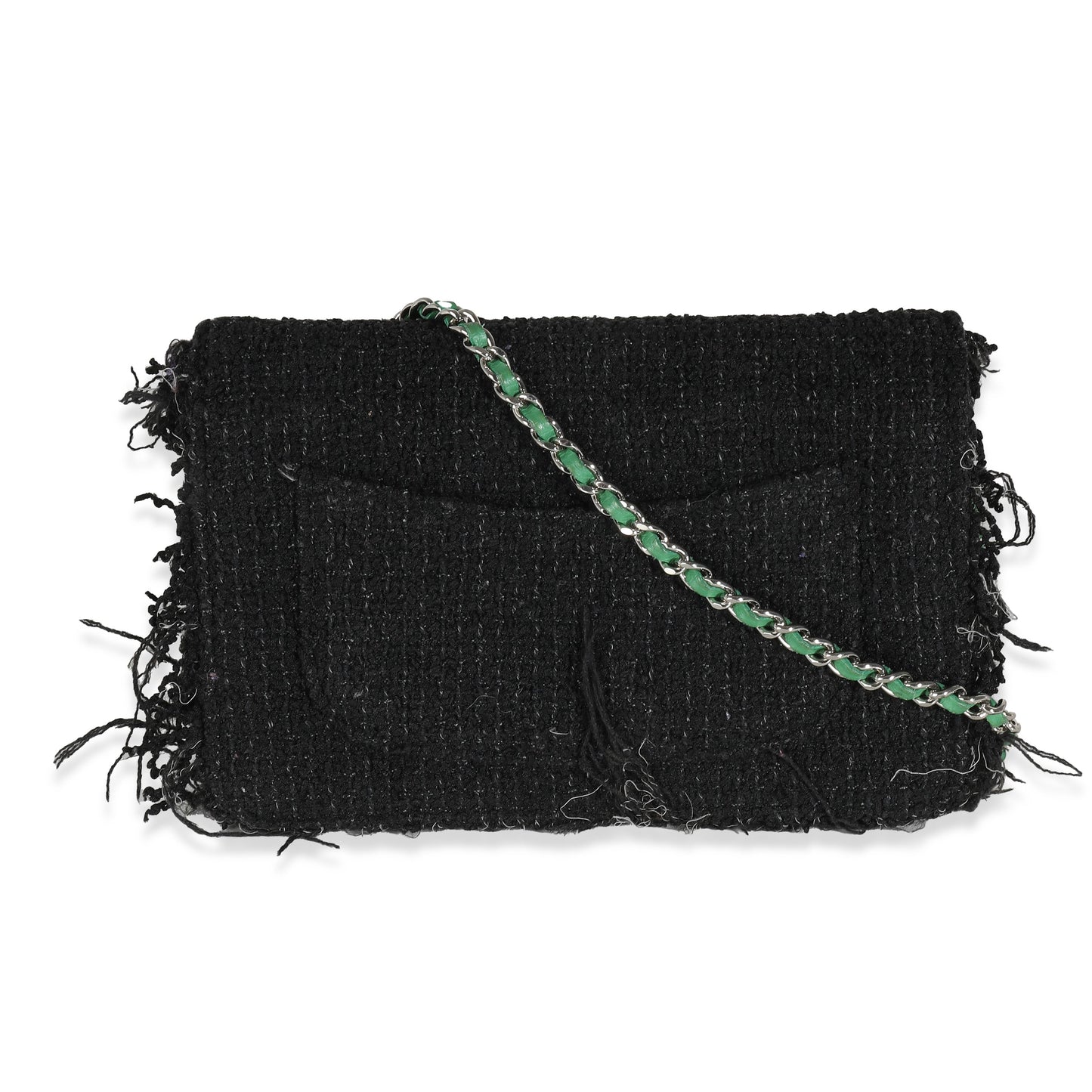 CHANEL Black Green Frayed Tweed Robot Wallet On Chain