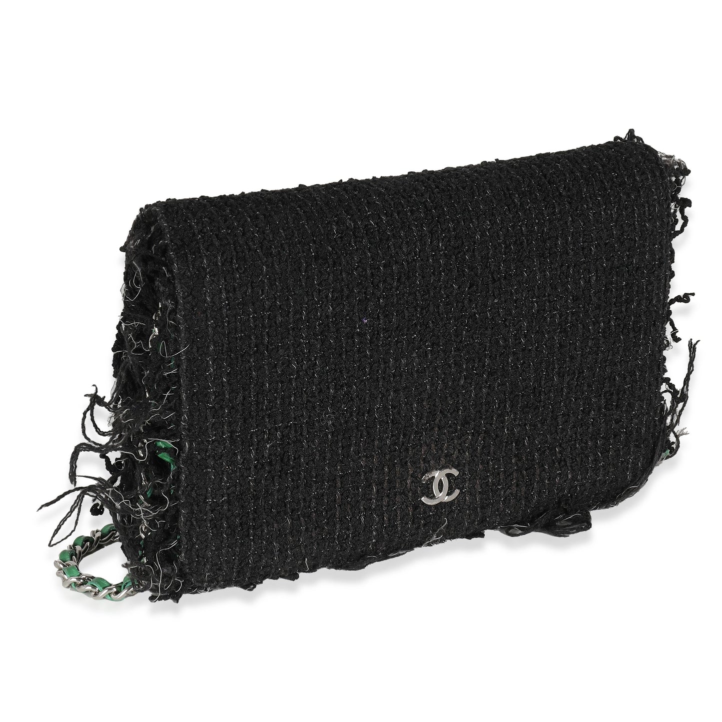 CHANEL Black Green Frayed Tweed Robot Wallet On Chain