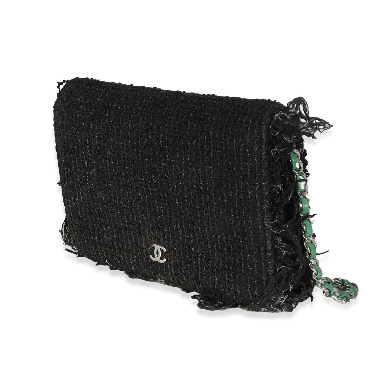 CHANEL Black Green Frayed Tweed Robot Wallet On Chain