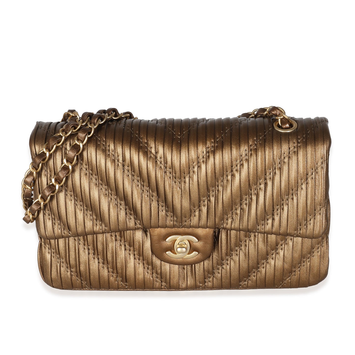 CHANEL 18C Bronze Chevron Pleated Calfskin Medium Classic Double Flap Bag